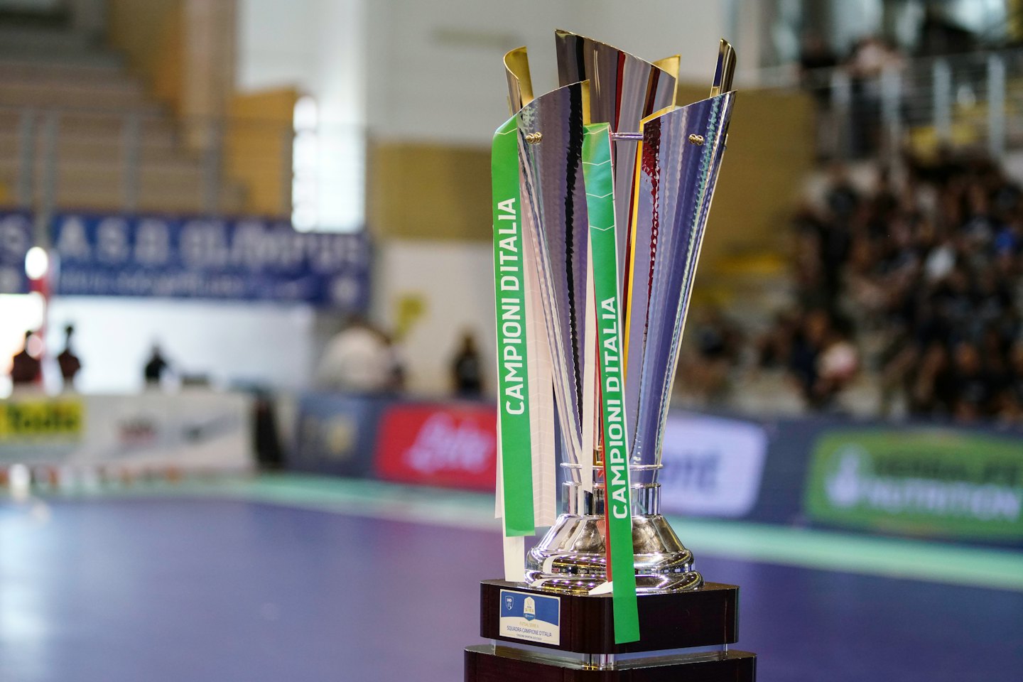 A silver and gold trophy with green ribbons on a wooden base.