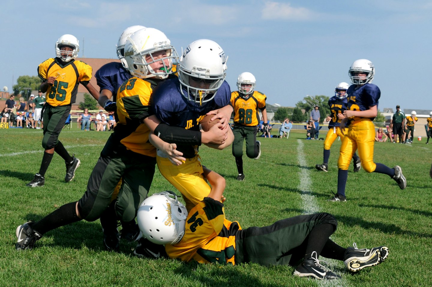 Children playing American football on a sunny grass field.